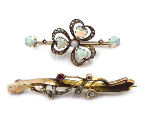 Edwardian opal and seed pearl bar clover leaf brooch, stamped 9 and a 9ct gold seed pearl and pink tourmaline bar brooch, Bir