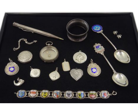 Silver and enamel medals, spoons and bracelet; propelling pencil, pendants etc Condition Report 5oz grossClick here for furth