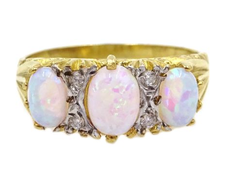 Silver-gilt three stone opal ring, stamped SIL Condition Report Click here for further images, condition, auction times & del