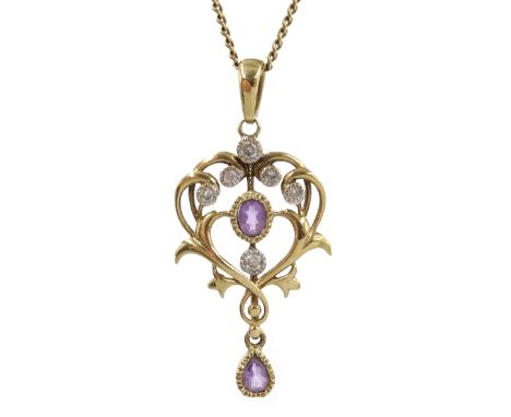Amethyst and diamond pendant stamped K9 on 9ct gold chain necklace hallmarked Condition Report Click here for further images,