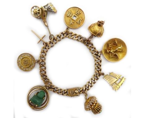 Chinese gold chain bracelet stamped 18k with Chinese gold and jade charms stamped 14k total 52.6gm Condition Report Click her