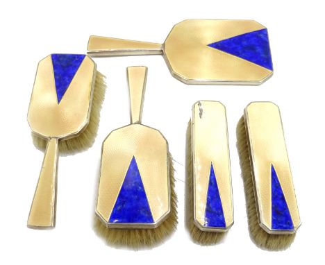 Art Deco silver guilloche enamel and faux Lapis Lazuli five piece dressing table set by Collett & Anderson, London 1931 Condi