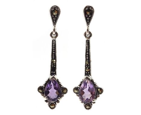 Pair of silver amethyst and marcasite pendant earrings, stamped 925 Condition Report Click here for further images, condition