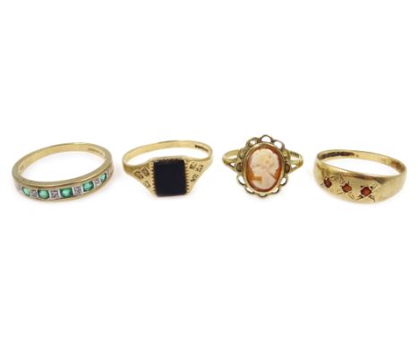 Gold emerald and diamond ring and three other stone set gold rings, all hallmarked 9ct Condition Report Approx 8.3gm gross