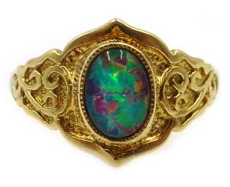 Silver-gilt opal ring, stamped SIL Condition Report Size OThis is not a solid opal - a triplet. Difficult to determine if nat