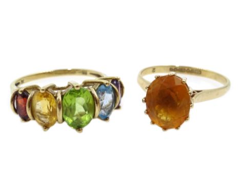 9ct gold five stone peridot, citrine, amethyst, blue topaz and garnet ring, hallmarked Condition Report Approx 3.4gm, size RC