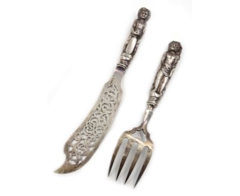 Pair Victorian silver fish servers, mythological figural handles by Susanna Cook 1845, blade and fork by Richard Sibley II Lo