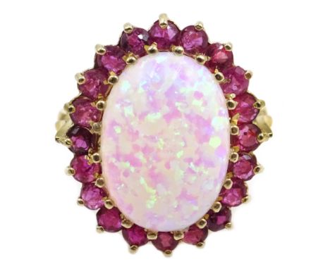 Gold opal and ruby cluster ring, hallmarked  Condition Report Approx 3.5gm, size N-OClick here for further images, condition,