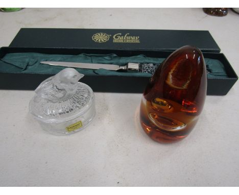Galway crystal letter opener, dump paper weight poss Whitefriars??&nbsp; and Luminarc robin trinket pot
