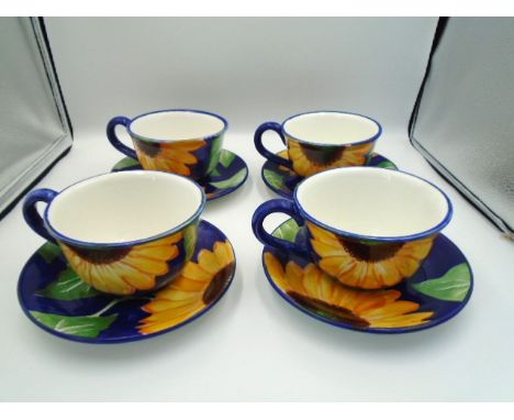 4 Italian hand painted large coffee cups and saucers with sunflowers on a blue background, cup diameter 13cm