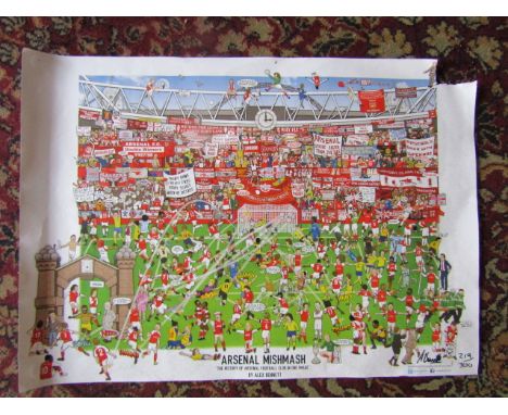 Arsenal Mishmash print signed bottom right by artist Alex Bennett and numbered 219/300, unframed 42cm x 59cm approx (damage t