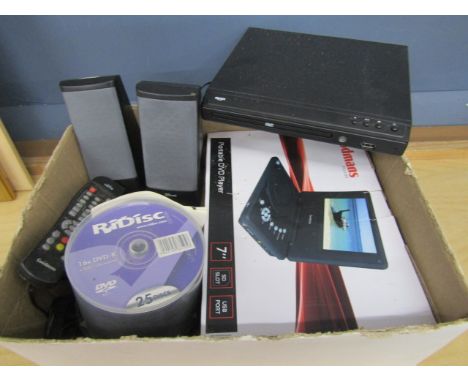New boxed portable DVD layer, small Bush dvd player along with trust speaker set and blank recordable DVDs