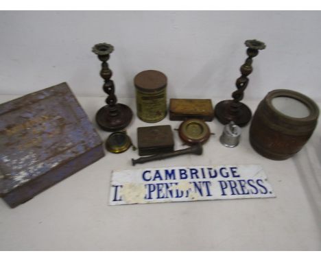 Collectors lot- Vintage tins, vintage first aid kit and contents, candlesticks etc etc