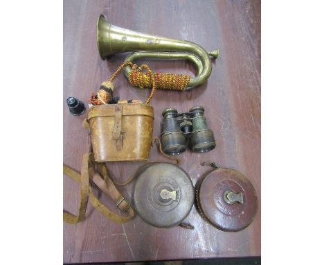2 vintage measuring tapes, Kumaon Indian regiment brass bugle and vintage binoculars