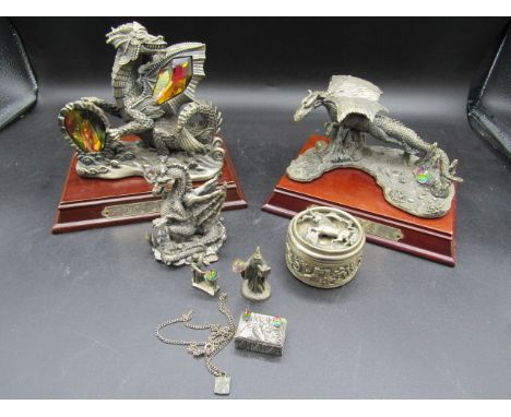 Myth and Magic - 2 large dragons, 1 smaller dragon, 2 small figures and a little jewellery box with earrings and necklace