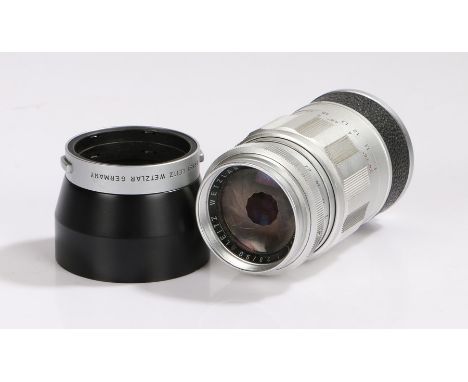 Ernst Leitz Wetzlar Elmarit camera lens, f/2.8/90, Nr. 1736042, with a Leitz lens hood