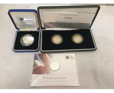 Royal Mint silver proof coins, 2006 The Man and His Achievements Brunel (Two £2 silver proof coin set), Millennium £5 coin  a