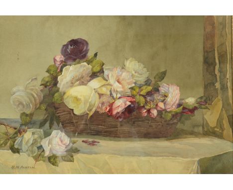 R H AUSTIN Basket of roses WatercolourSigned 36.5 x 52cm