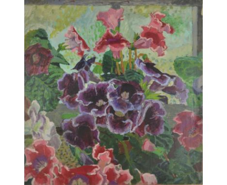 JOHN HOPWOODGloxiniasOil on boardSigned on the backTitle label on the back196070 x 69cm   Condition report:  John Hopwood 194