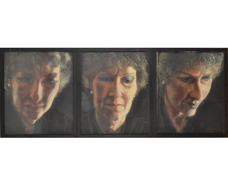 JOHN HOPWOODPortrait of Lyn 1992TryptichOil on paperSIgned and datedQuaker gallery label on the back199253 x 130cm (overall) 
