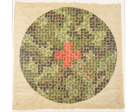 JOHN HOPWOODCamouflage Circle with CrossGouache on paperSigned and datedTitle label on the back199772 x 73cm   Condition repo