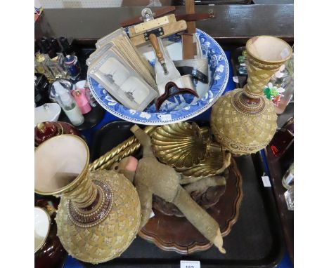 A pair of Mettlach vases with bosse decoration, a pair of brass shell candlestands, two viewers with cards etc Condition Repo