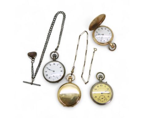 A silver open-face pocket watch, marked&nbsp;Dennison Watch Case Co, Birmingham, with fob and chain, together with two gold-p