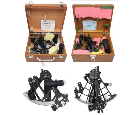 Three Tamaya sextants: a cased example, no. 40929, having an accessory 7x50 monocular; the others numbered 83331 and 1712 res