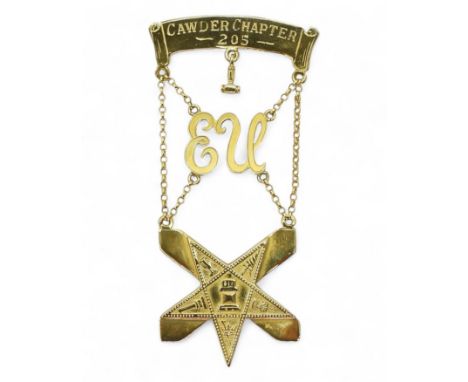 A 9ct gold Masonic Jewel, Cawder Chapter No.205, with St. Andrew's cross and gavel, Weight 12.1gms Condition Report:Stamped 3