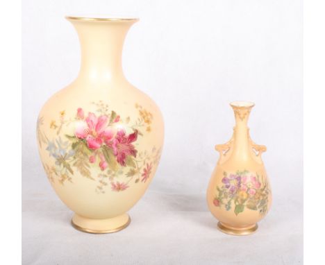 A Royal Worcester ivory blush oviform vase painted flowers, 8" high, and a similar smaller two-handled vase