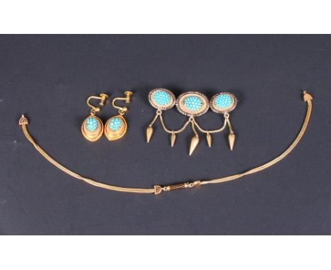 A Victorian gold brooch set three turquoise clusters with black enamel borders, a matching pair of earrings and a necklace (b