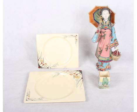 A Royal Staffordshire Clarice Cliff Bizarre square sandwich plate and a matching serving plate, a Royal Doulton "Woodley Dale