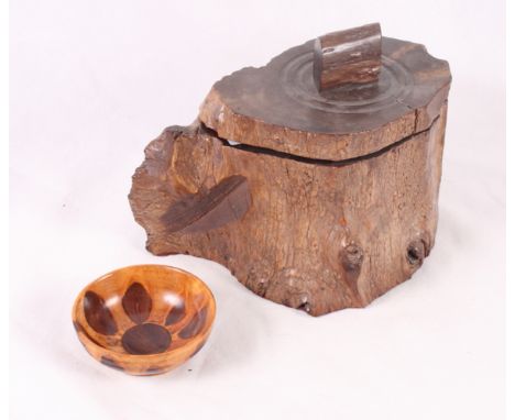 A tobacco jar made from a section of a tree trunk, 7" high, and a turned wood bowl