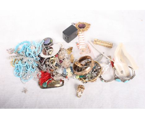 A rolled gold bangle, a silver charm bracelet, a coral and mother-of-pearl necklace and a quantity of other costume jewellery