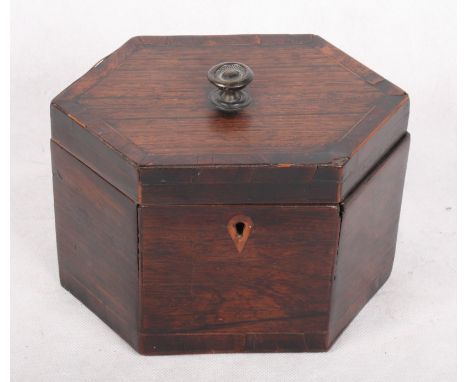 A Georgian rosewood and banded hexagonal tea caddy, 7 1/4" wide
