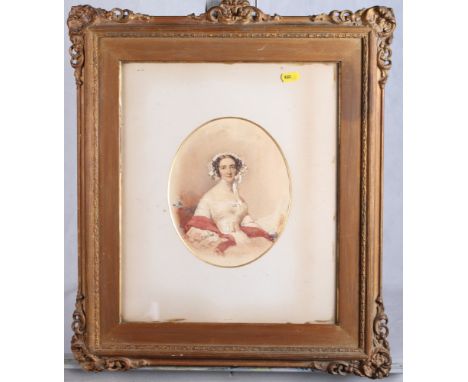 K Massy: a 19th Century watercolour, oval portrait of Eleanor Somerville, 8 1/2" x 7", signed and dated 1840, in scroll decor