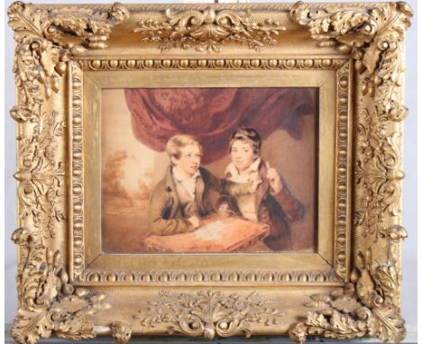 A Victorian watercolour, double portrait of Rice Richard and Augustus Phillip Clayton as young boys, 7 1/2" x 10", in heavy g