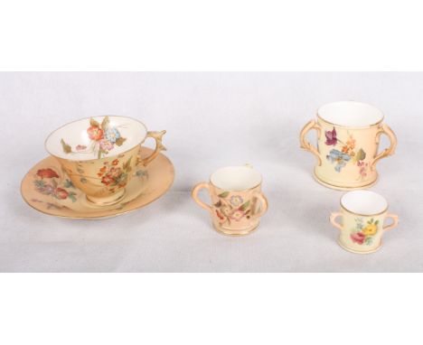 Three Royal Worcester ivory blush tygs painted flowers, largest 2 1/2" high, and a similar Graingers Worcester cup and saucer