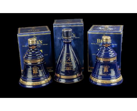 Three Bottles of Bells Old Scotch Whisky Decanters, Golden Jubilee 1952 - 2002, full contents, 8 years old, in original box. 