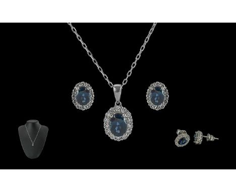 18ct White Gold Superior Quality Sapphire And Diamond Set Cluster Pendant Drop - With Attached 18ct Gold Chain, With Matching