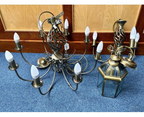 Three Light Fittings comprising a seven branch and a three branch in brushed steel effect and a brass lantern style light fit
