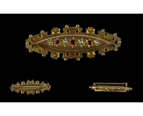 Edwardian Period 1901 - 1910 Ladies 9ct Gold Ruby and Seed Pearl Set Shaped Brooch / Locket. Full hallmark for Birmingham 190
