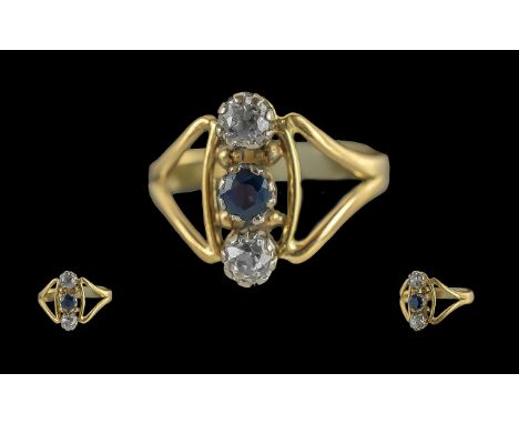 18ct gold - pleasing 3 stone diamond and sapphire set ring of pleasing design. marked 18ct to interior of shank, diamonds of 