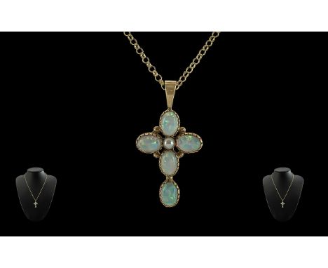 Ladies - Excellent and Pleasing 9ct Gold and Opal Set Pendant - Cross, with attached 9ct gold chain, the five opals of pleasi
