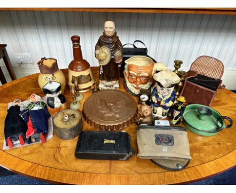 Box of Pottery to include Toby Jugs, Ale Jugs, Frangelis Liqeuer bottle, candlestick, Bell's Whisky bottle (empty), cameras, 