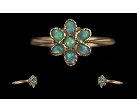 Antique Period Petite 9ct Gold Opal Set Cluster Ring - Marked 9ct To Interior Of Shank. Well Designed Setting. Opals Of Good 