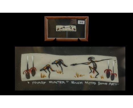 Aboriginal Bone Art, Rare Vintage plaque in original frame titled 'Young Hunter' by Bush Myths Bone 3D Art.  Mounted, framed 