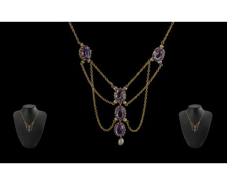 Edwardian Period 1901- 1910 Attractive 9ct Gold Seed Pearl and Amethyst Set Necklace, Pleasing design, Amethysts of Good Colo
