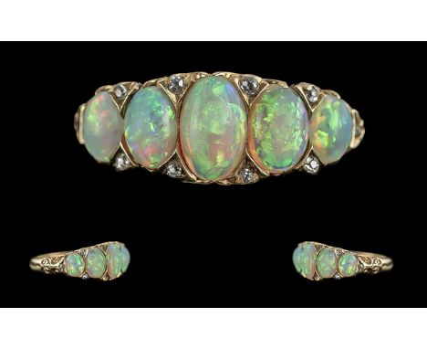 Late Victorian period 1837 - 1901 superb ladies 18ct gold 5 stone opal set ring, with diamond spacers, gallery setting, full 