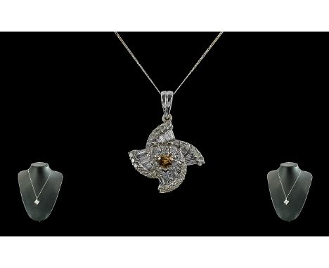 Ladies Superb Quality 18ct White Gold Baguette And Brilliant Cut Diamond Set Pendant Drop - With Attached 9ct Gold Chain. Pen